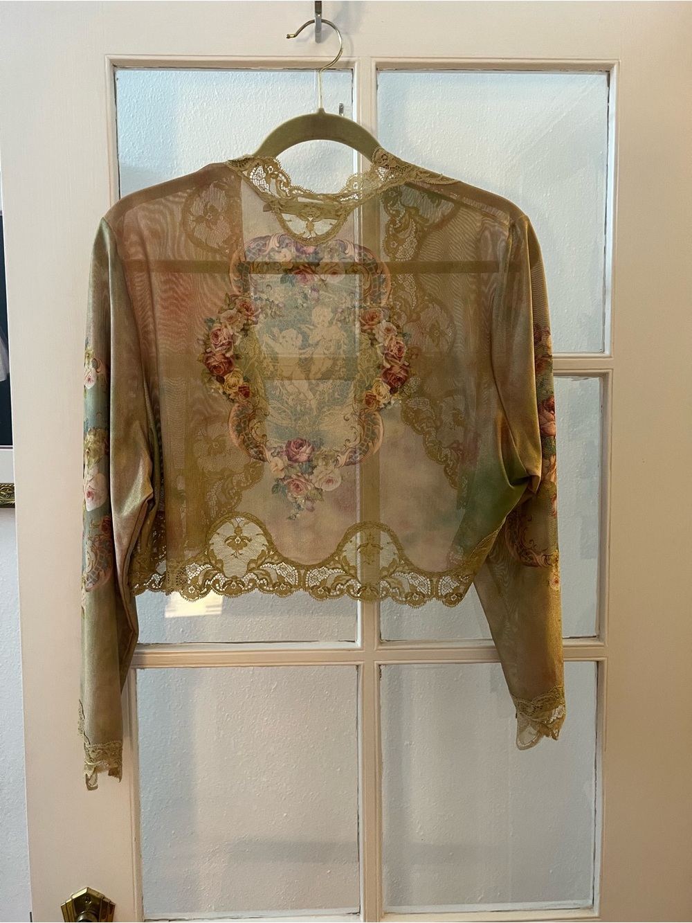 Michal Negrin Olive Green Sheer Lace-Trim Bolero with Floral Accents - Picture 4 of 4